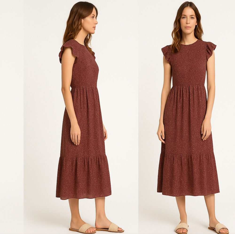 Zunie Smocked Floral Midi Dress | Juniors 14 - Fits Women’s XS–S | Wine Berry - Picture 3 of 17